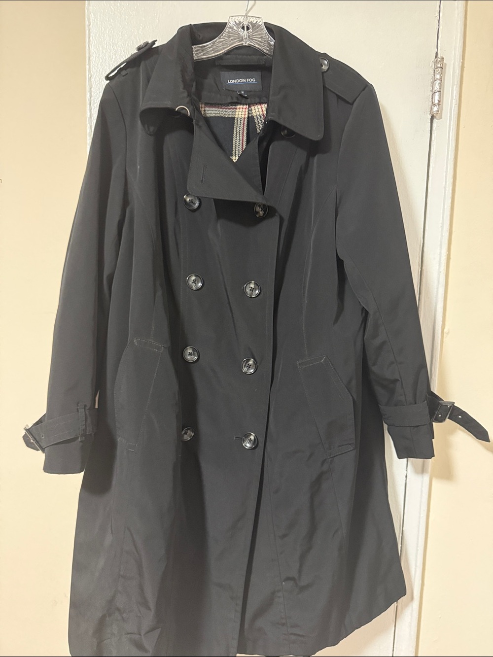 London Fog Black Double-Breasted Trench with Notched Collar